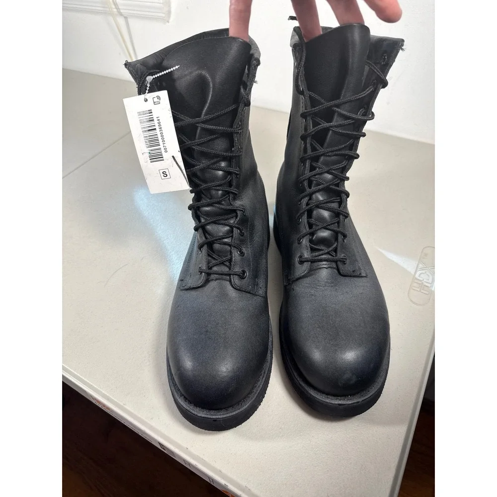 Vibram Sole Black Leather Combat Boots High Top Lace Up Work Boots Mens 9 W